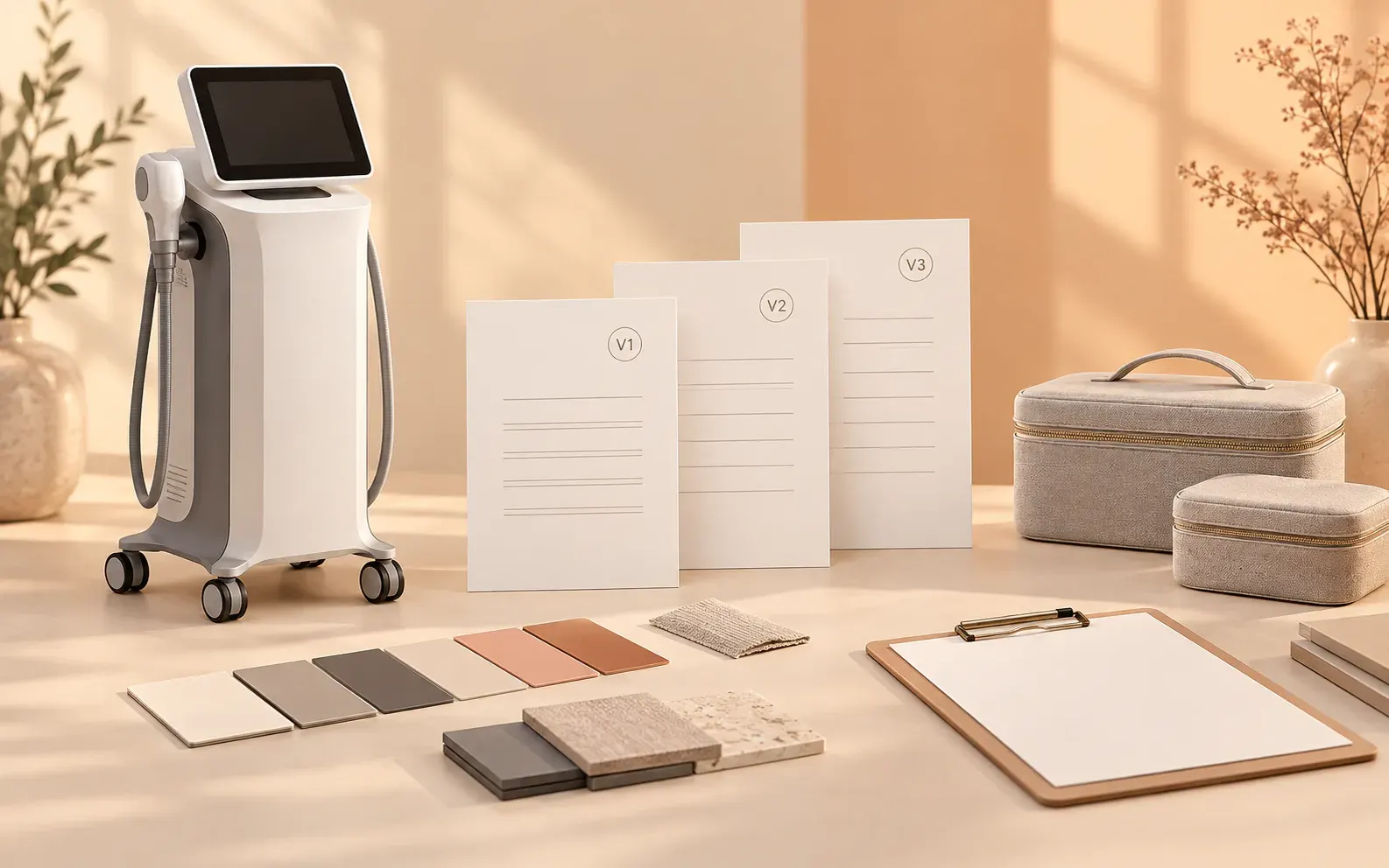 Editorial illustration of a generic beauty device and versioned configuration cards