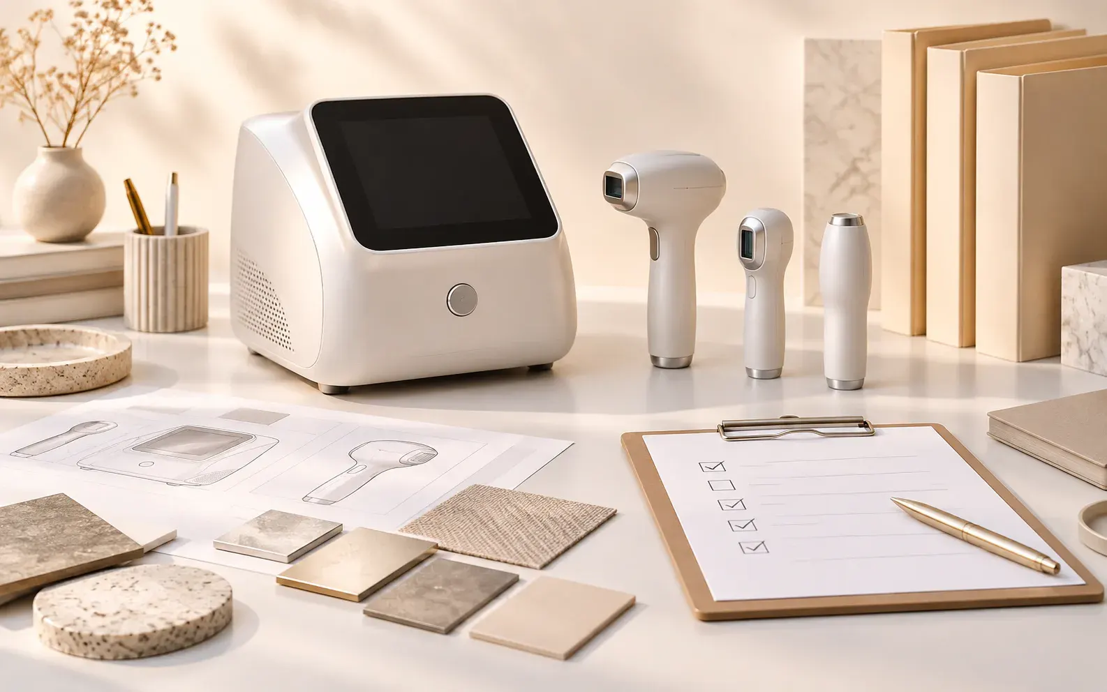 Editorial illustration of generic equipment components arranged for configuration review