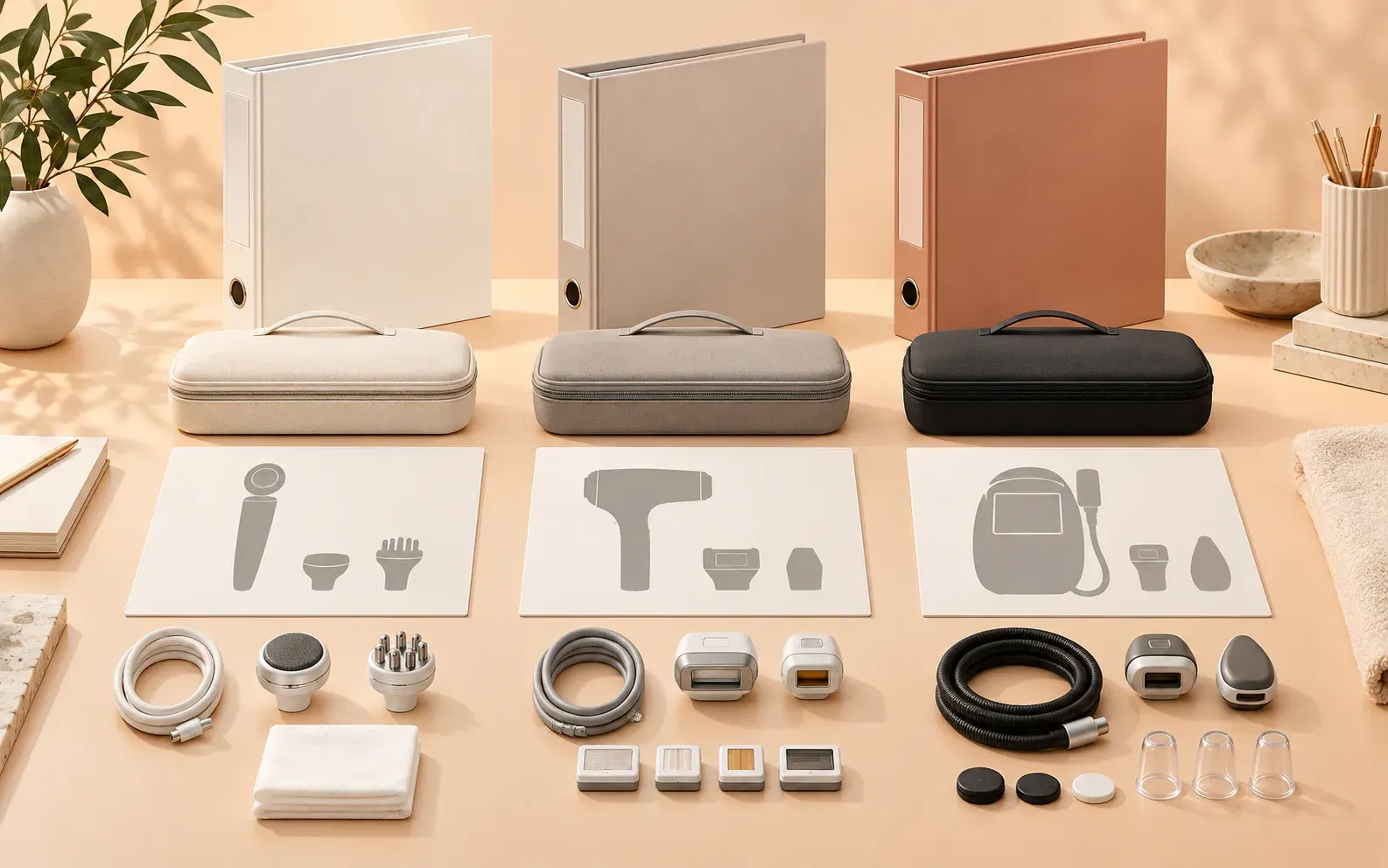 Editorial illustration of generic equipment comparison materials and document folders