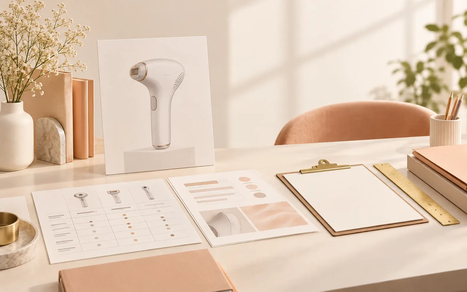 Editorial illustration of a generic beauty-equipment quotation comparison desk
