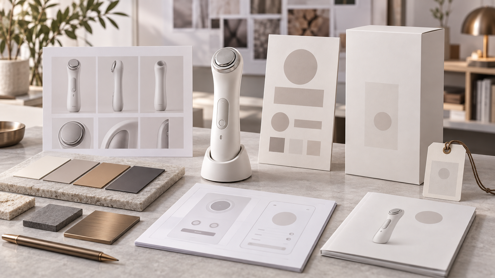 Editorial illustration of a generic private-label beauty device sample with brand and packaging proofs