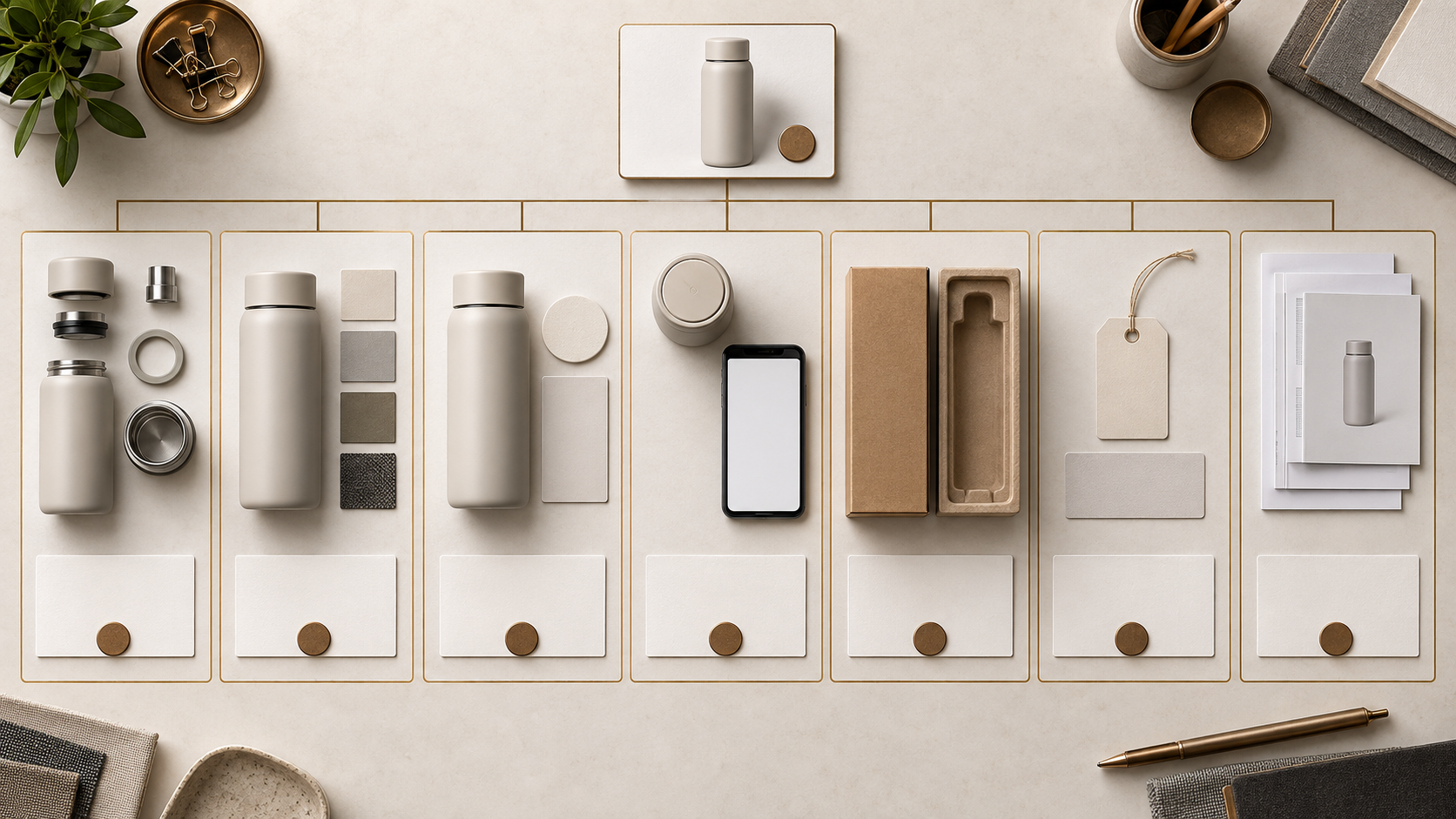 Editorial illustration of separate function, appearance, logo, interface, packaging, label and document review zones