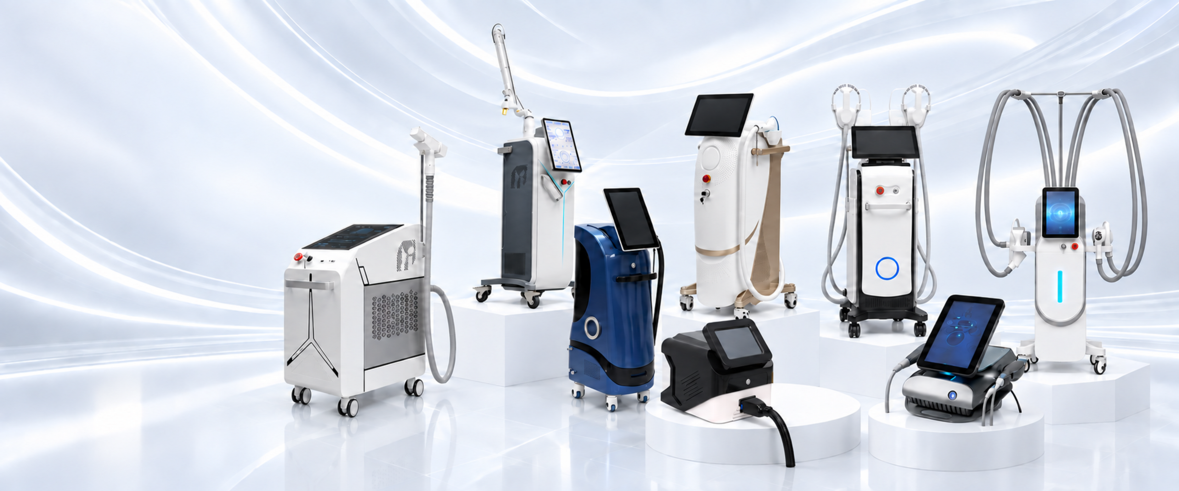 A collection of professional beauty and laser equipment on a cool blue studio stage