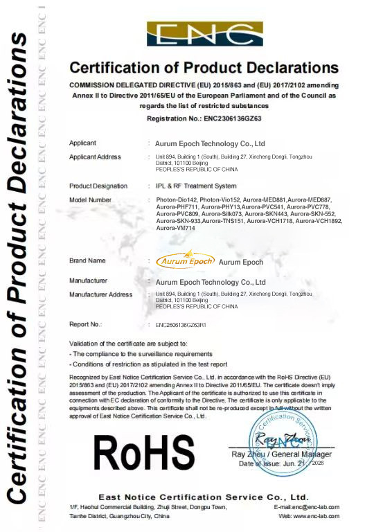 RoHS product declaration for named Aurum Epoch IPL and RF treatment system models
