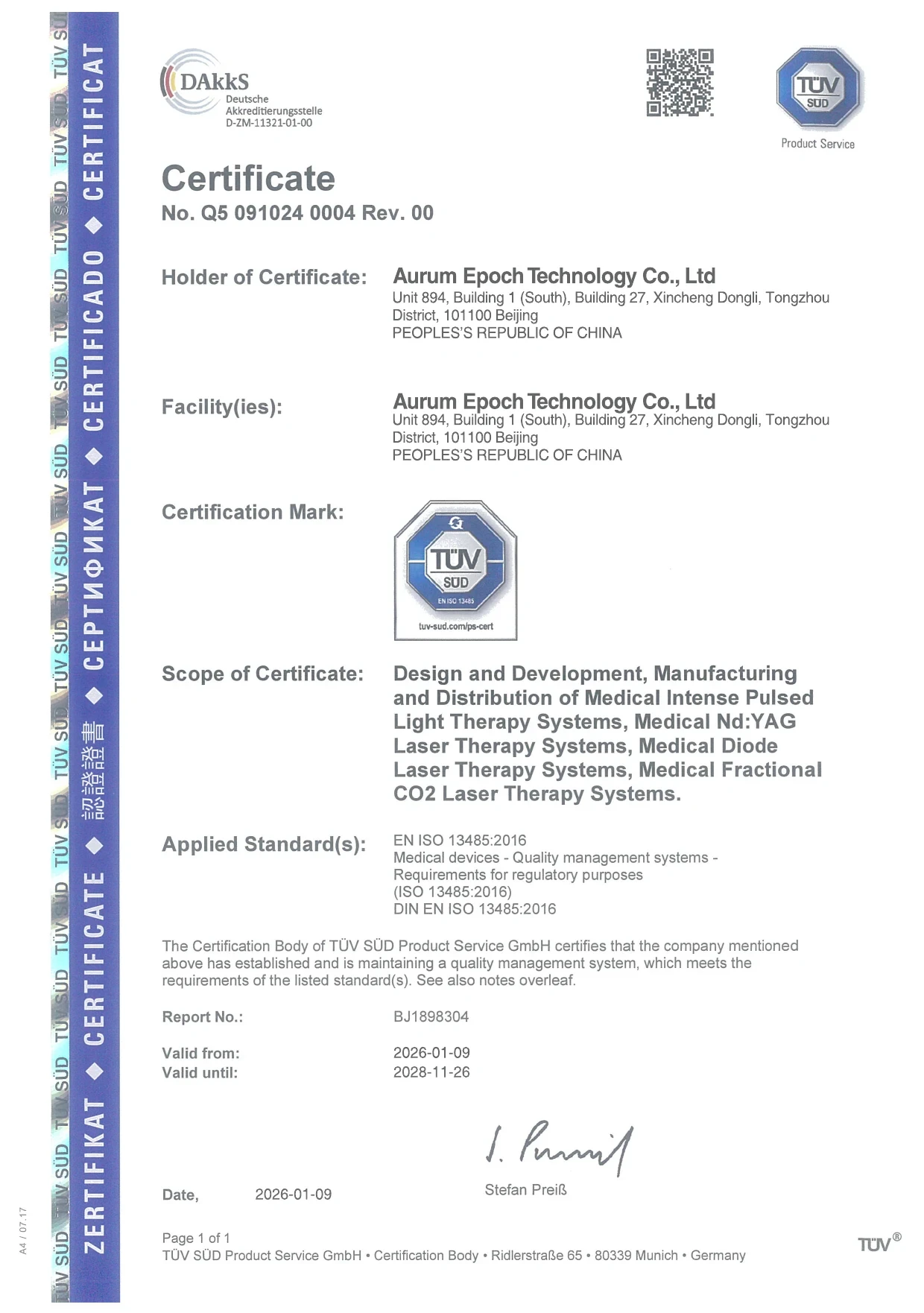 TÜV SÜD EN ISO 13485:2016 certificate issued to Aurum Epoch Technology Co., Ltd.