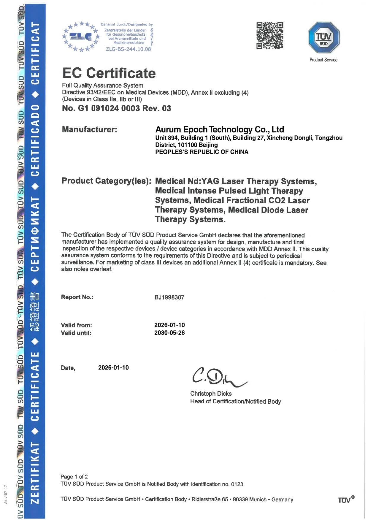 TÜV SÜD MDD EC full quality assurance system certificate issued to Aurum Epoch Technology Co., Ltd.