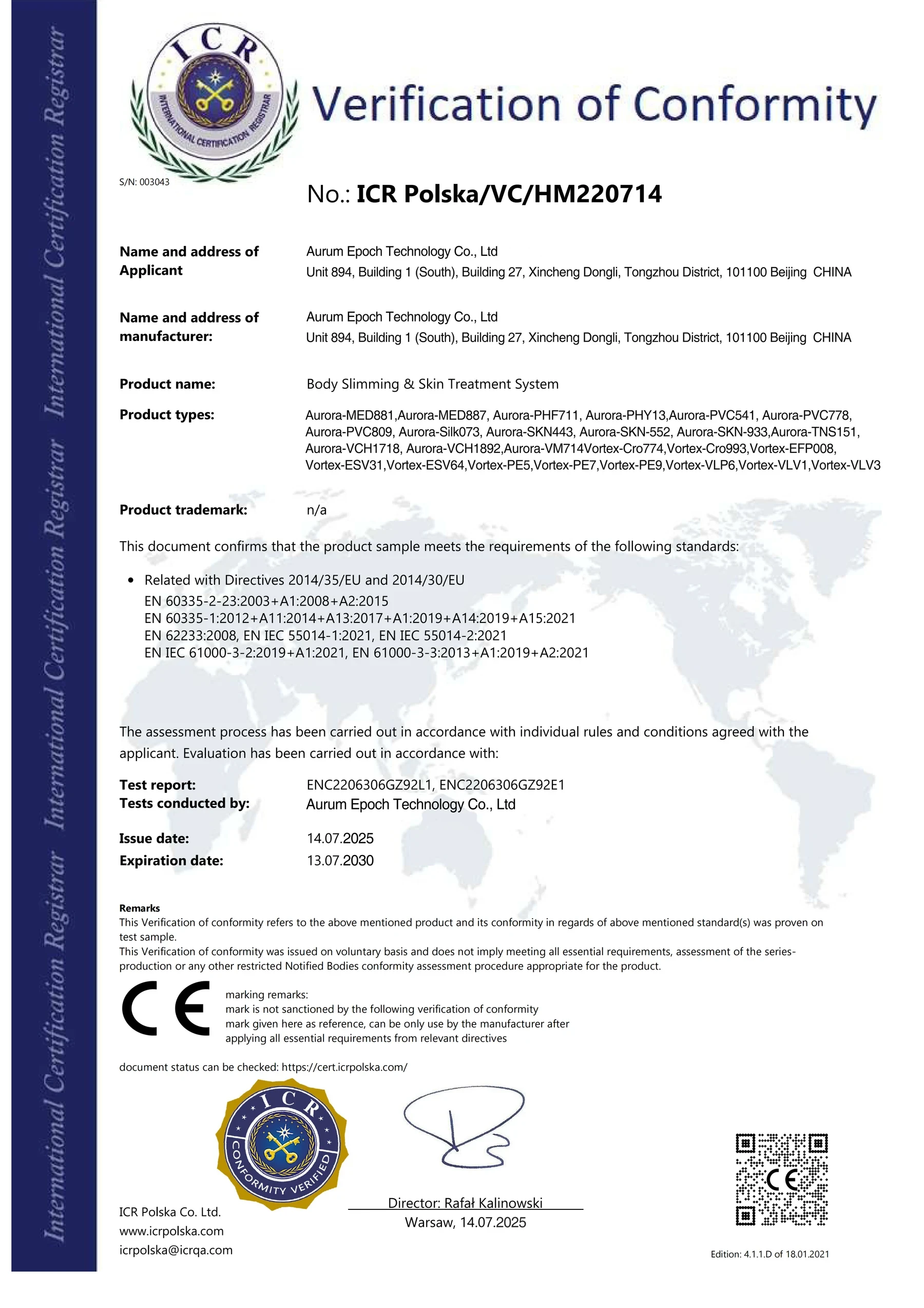 ICR Polska voluntary verification of conformity for named Aurum Epoch body slimming and skin treatment system models