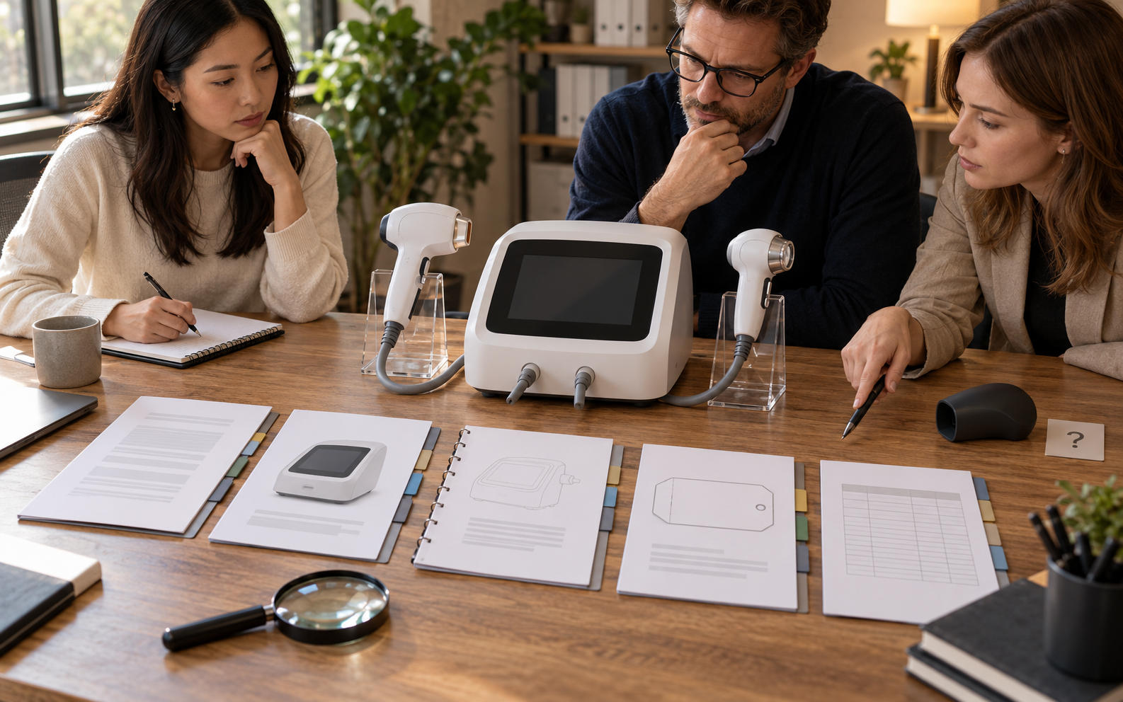 Editorial illustration of a procurement team comparing a generic device with quote, image, manual, label and configuration records