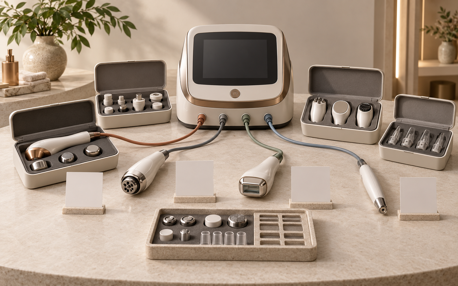 Editorial illustration of a generic modular beauty equipment console with distinct handpieces, tips and blank version cards