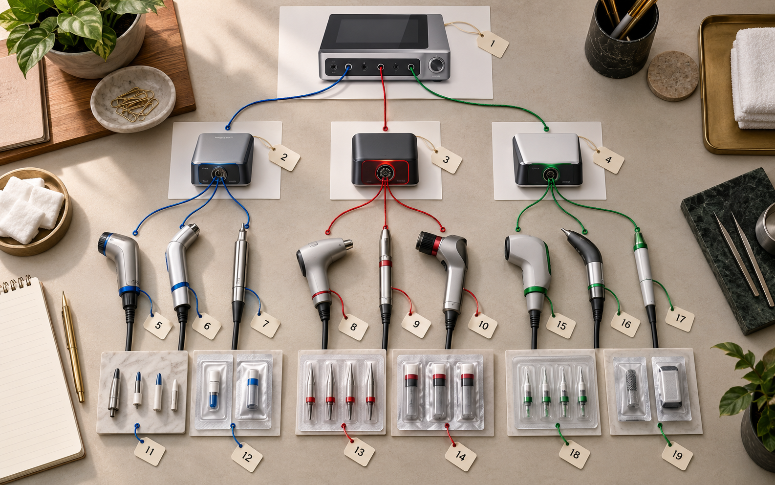 Editorial top-down illustration mapping a generic base unit through modules to handpieces and consumables