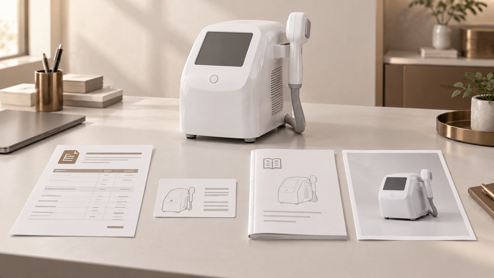 Editorial illustration of a generic beauty device beside a quote, label card, manual and image