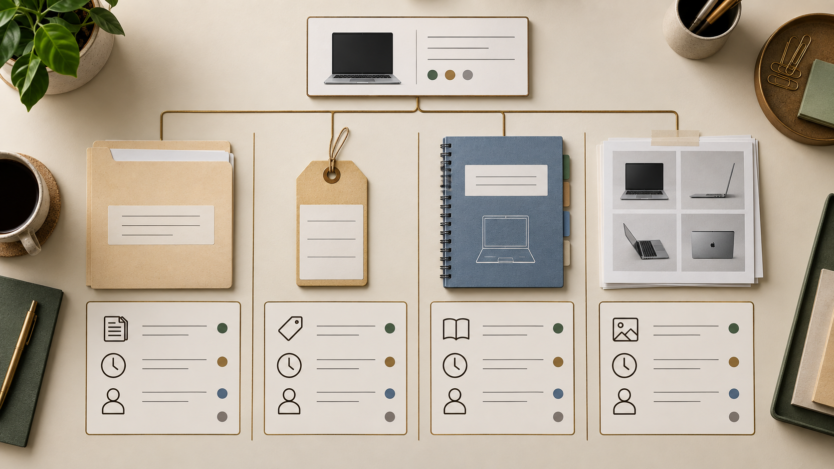 Editorial illustration of four reference lanes for quote, label, manual and image review