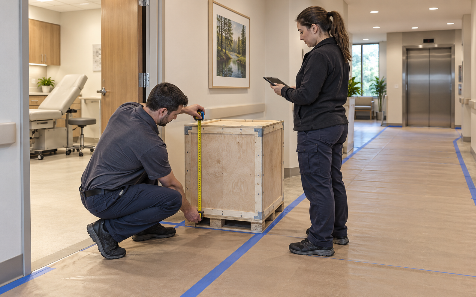 Editorial illustration of facilities staff measuring a protected clinic delivery route and equipment crate