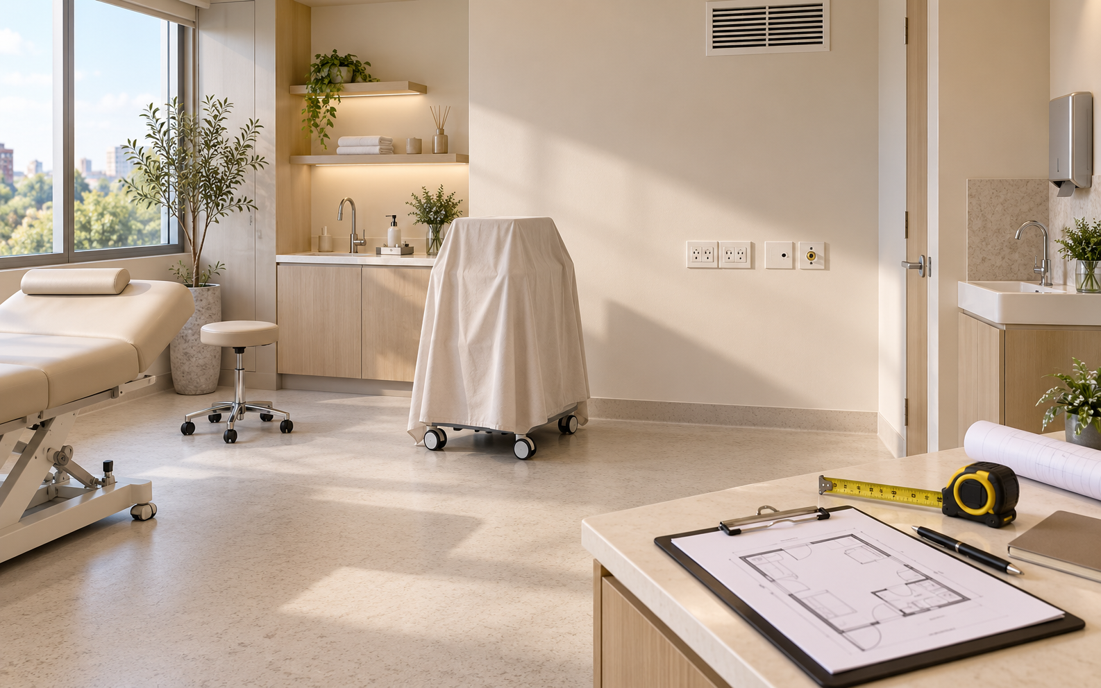 Editorial illustration of an unbranded clinic room being measured for equipment utilities and placement