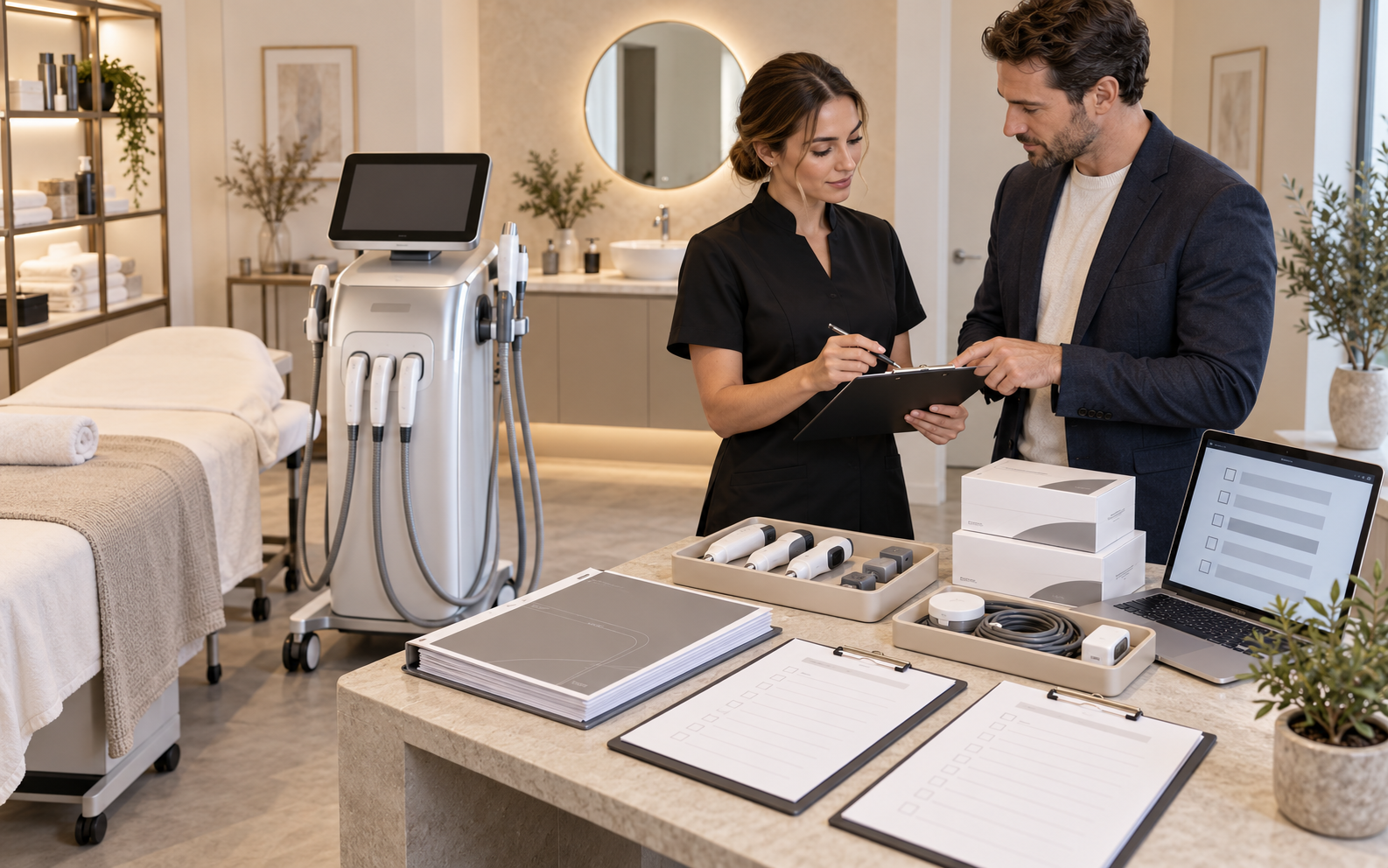 Editorial illustration of a clinic equipment handover review with generic console, accessories and blank records